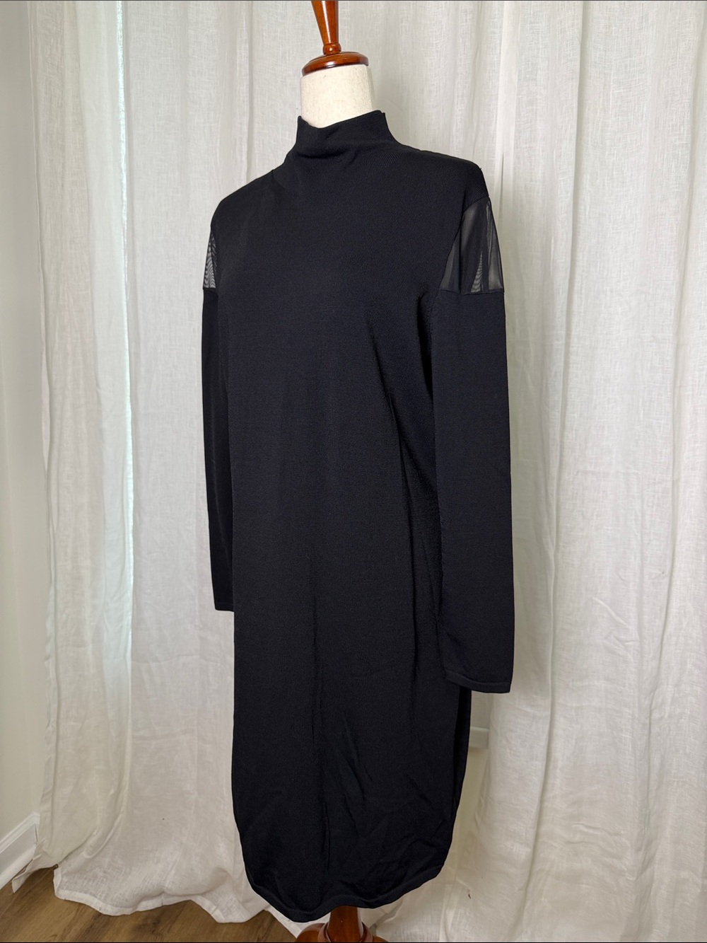 Lauren Ralph Lauren Black Long Sleeve Mock Neck Dress with Sheer Shoulder Insets